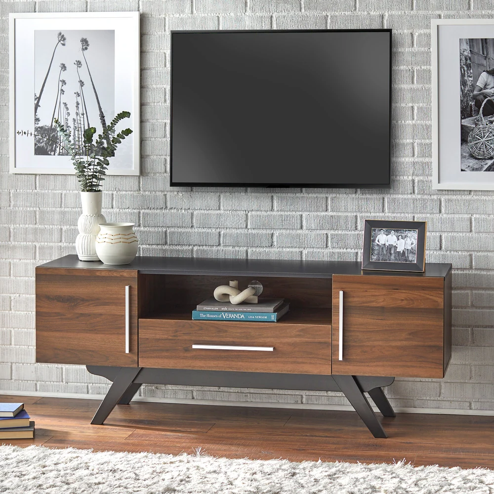 Oak Wood TV Stand With Doors and Open Shelves